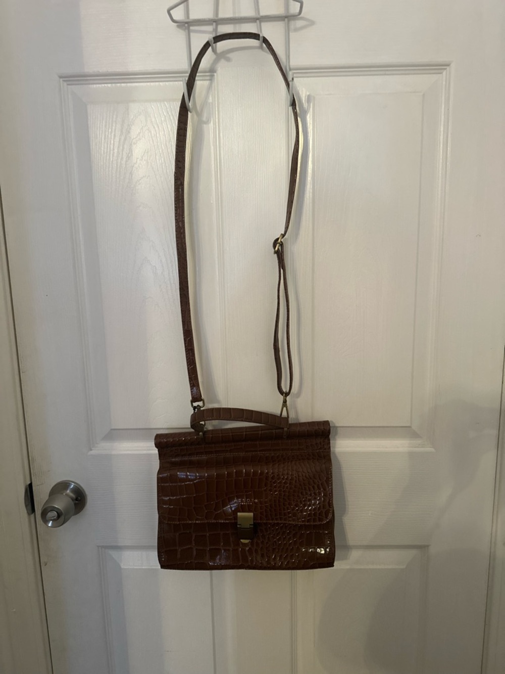 London Fog Assots Croc-Embossed Brown Leather Satchel with Adjustable Strap